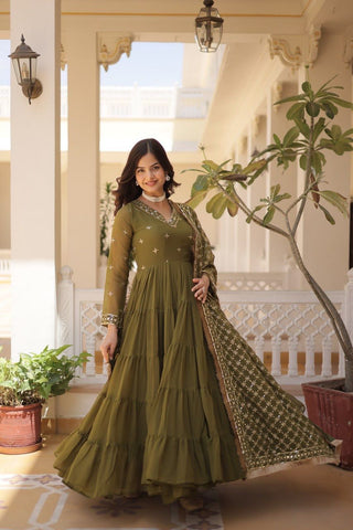 Adorable  Green Embroidered Georgette Mehendi Wear Gown