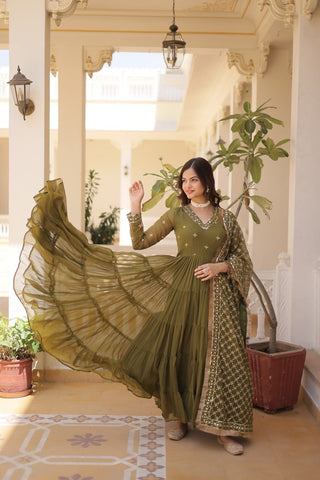 Adorable  Green Embroidered Georgette Mehendi Wear Gown