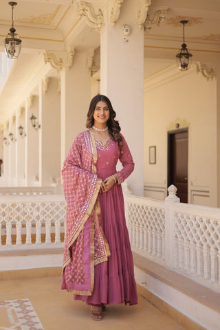 Charming Dusty Pink Embroidered Georgette Function Wear Gown