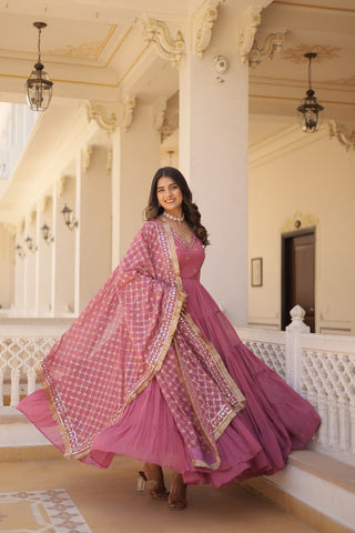 Charming Dusty Pink Embroidered Georgette Function Wear Gown