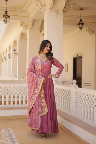 Charming Dusty Pink Embroidered Georgette Function Wear Gown