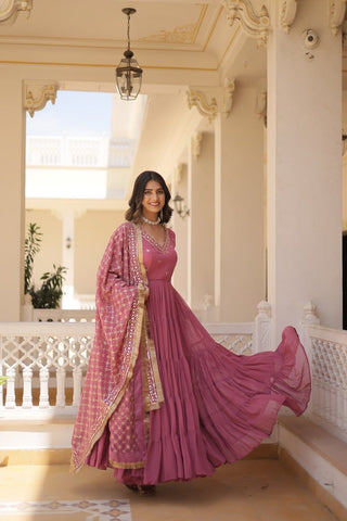 Charming Dusty Pink Embroidered Georgette Function Wear Gown