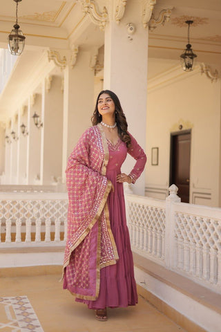 Charming Dusty Pink Embroidered Georgette Function Wear Gown