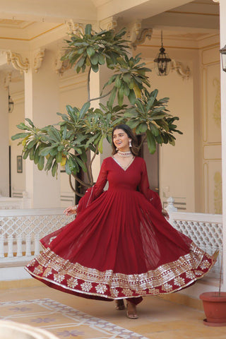 Maroon Colored Faux Georgette Sequins Embroidered Gown With Dupatta