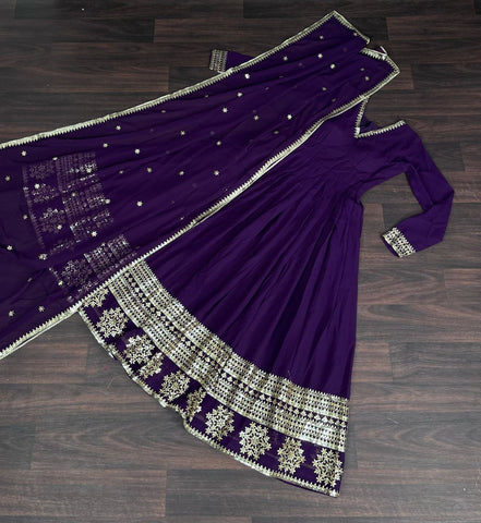 Purple Colored Faux Georgette Sequins Embroidered Gown With Dupatta