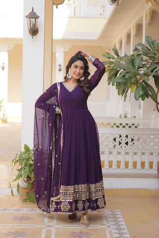 Purple Colored Faux Georgette Sequins Embroidered Gown With Dupatta