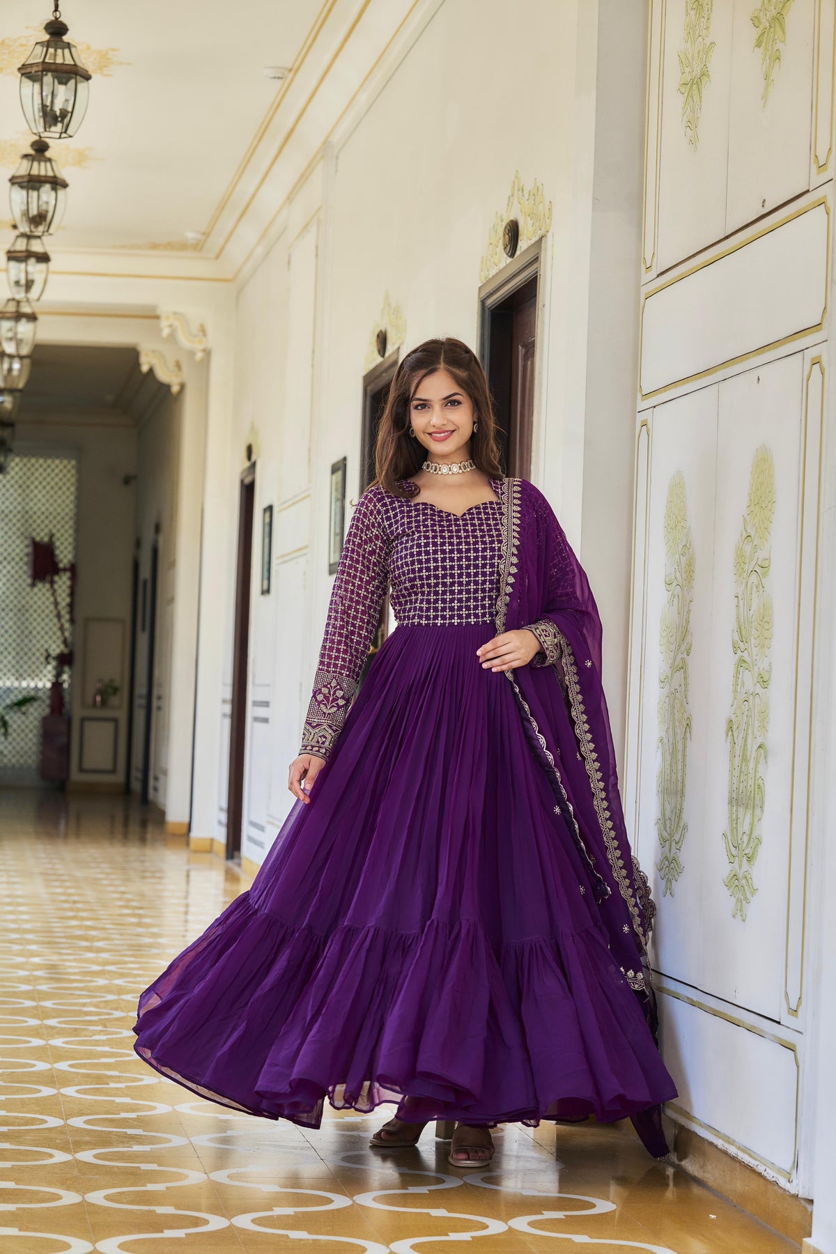 Beautifull Purple Embroidered Georgette Abaya Style Suit