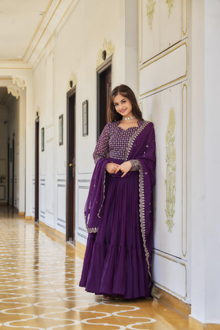 Beautifull Purple Embroidered Georgette Abaya Style Suit