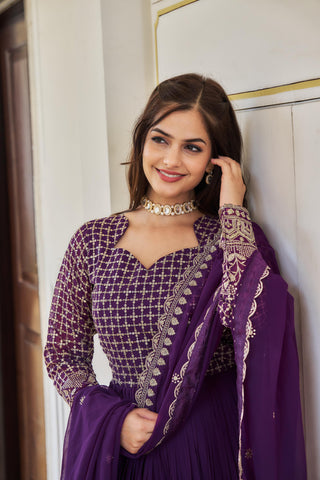 Beautifull Purple Embroidered Georgette Abaya Style Suit