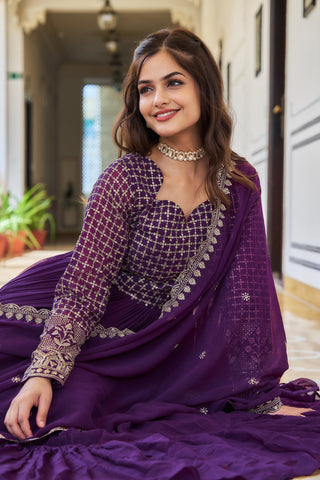 Beautifull Purple Embroidered Georgette Abaya Style Suit