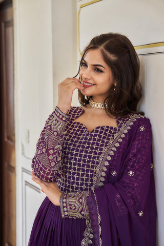 Beautifull Purple Embroidered Georgette Abaya Style Suit