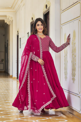 Beautifull Pink Embroidered Georgette Abaya Style Suit