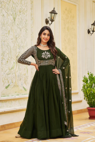 Mehndi Faux Georgette Readymade Long Gown