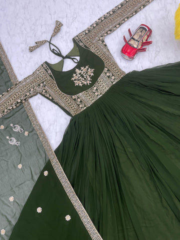 Mehndi Faux Georgette Readymade Long Gown