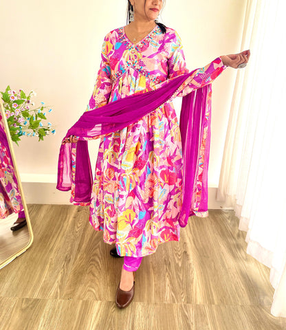 Exclusive Chinon With Digital Printed Multi Color Beautiful Hand Made Anarkali Suit