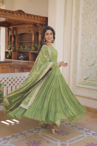 Green Embroidered Georgette Designer Gown