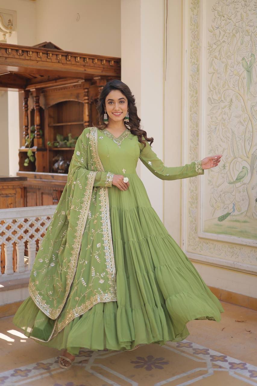 Green Embroidered Georgette Designer Gown