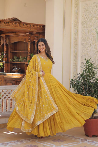 Yellow Embroidered Georgette Designer Gown