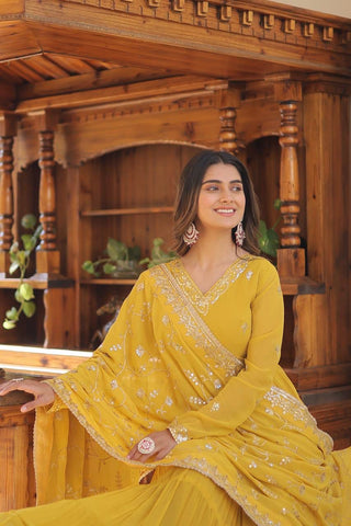 Yellow Embroidered Georgette Designer Gown