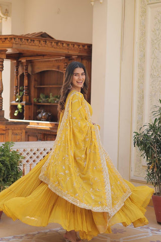 Yellow Embroidered Georgette Designer Gown