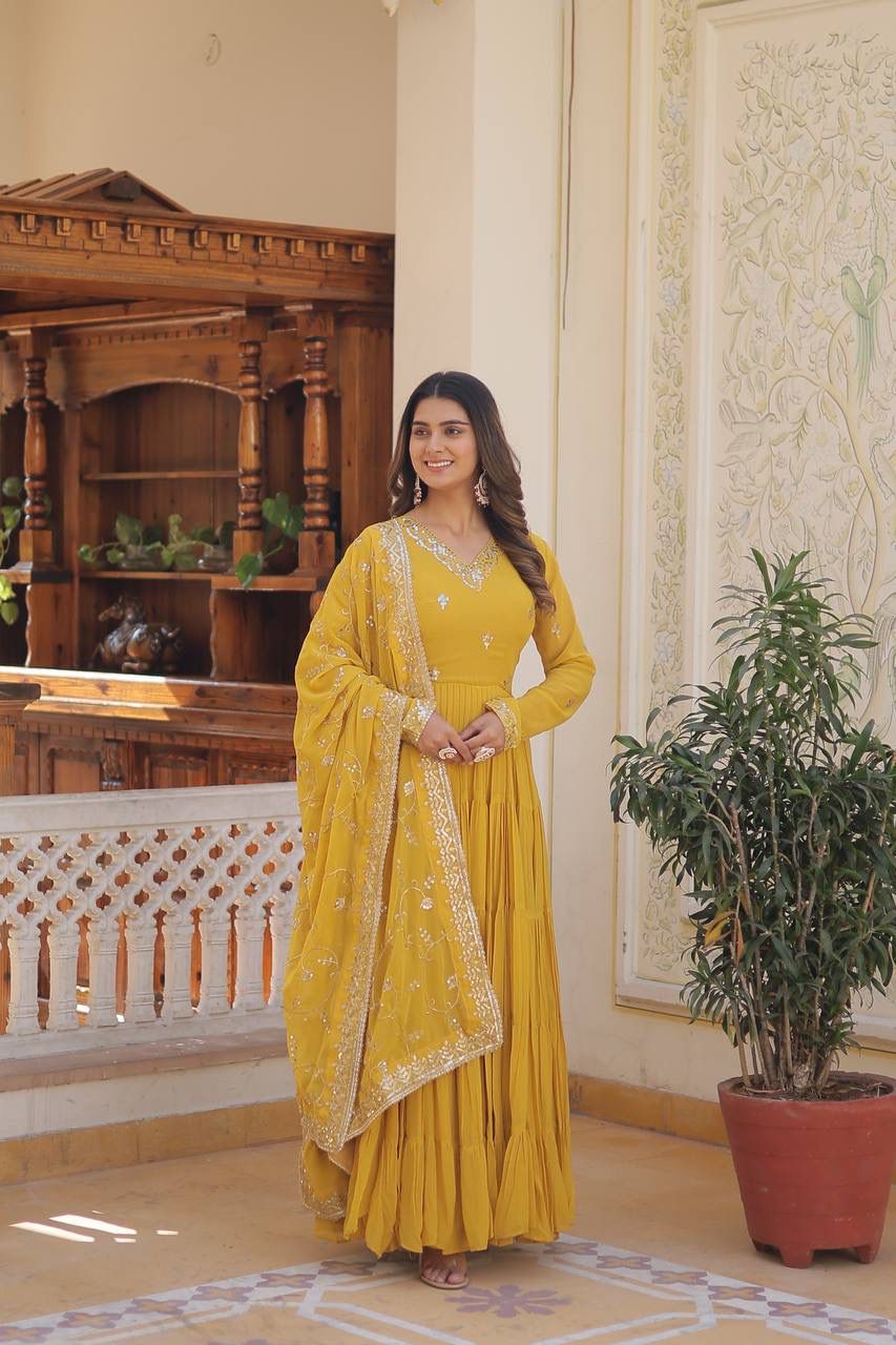 Yellow Embroidered Georgette Designer Gown