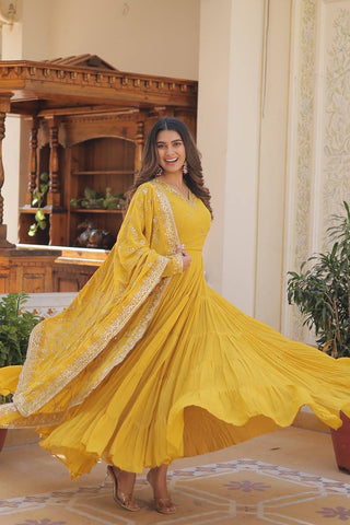 Yellow Embroidered Georgette Designer Gown