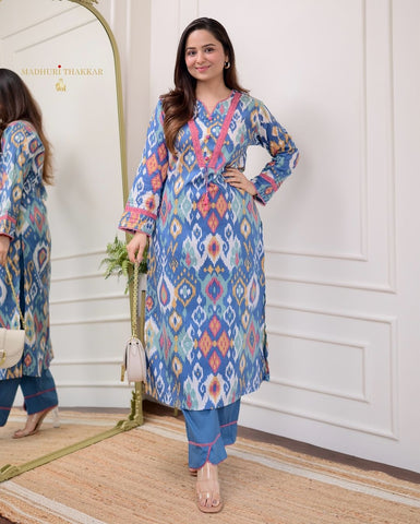 Blue Baroque Lace Cotton Kurta Set