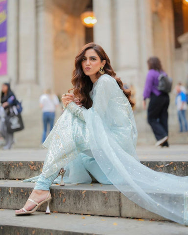 Sky Blue Embroidery Kurta Pant With Soft Net Dupatta Set