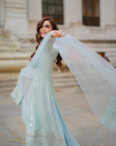 Sky Blue Embroidery Kurta Pant With Soft Net Dupatta Set