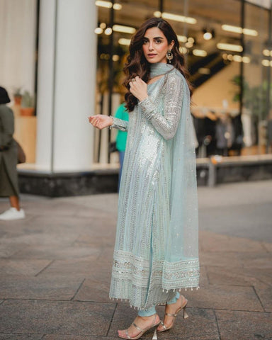 Sky Blue Embroidery Kurta Pant With Soft Net Dupatta Set