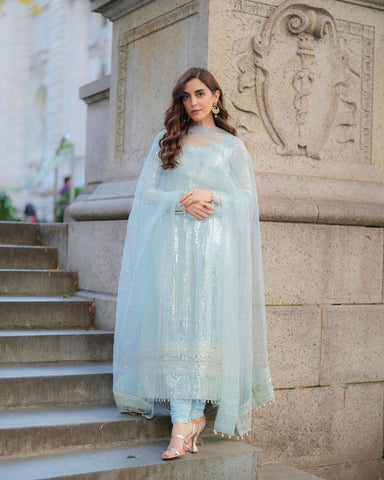 Sky Blue Embroidery Kurta Pant With Soft Net Dupatta Set