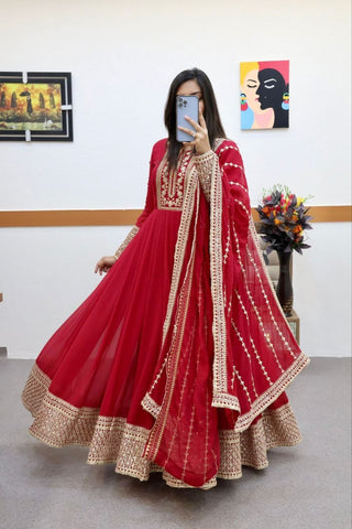 Red Sequence Embroidery Work Anarkali Gown