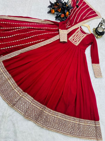 Red Sequence Embroidery Work Anarkali Gown