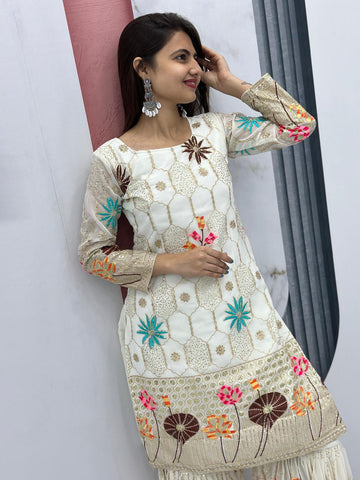 Embroidered Sequence Work Heavy Fox Georgette Suit & Sharara Set