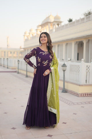 Exquisite Purple Faux Georgette Gown with Embroidered Threadwork