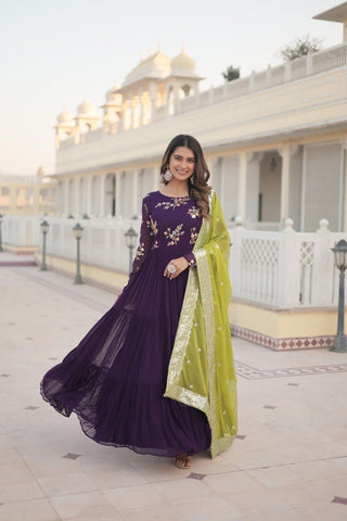 Exquisite Purple Faux Georgette Gown with Embroidered Threadwork