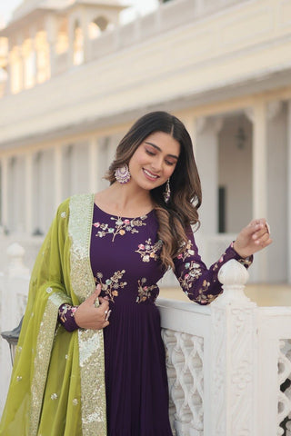 Exquisite Purple Faux Georgette Gown with Embroidered Threadwork