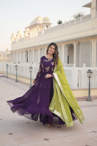 Exquisite Purple Faux Georgette Gown with Embroidered Threadwork