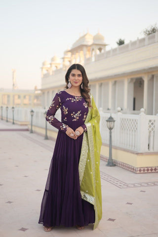 Exquisite Purple Faux Georgette Gown with Embroidered Threadwork