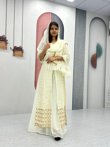 White Party Wear Georgette Heavy Embroidery Work Plazzo Suit