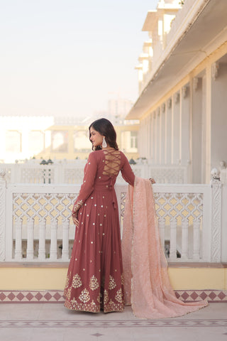 Magnetic Coral Red Sequins Georgette Festival Wear Gown With Dupatta