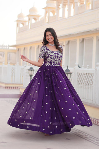 Purple Coding Sequins Embroidered Faux Blooming Gown