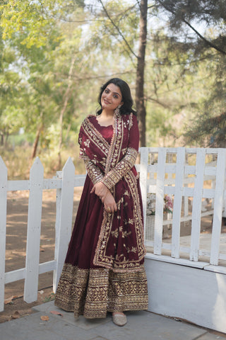 Maroon Faux Georgette Embroidery Work Gown With Dupatta