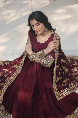 Maroon Faux Georgette Embroidery Work Gown With Dupatta