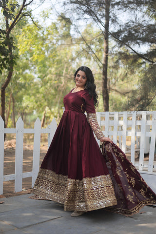 Maroon Faux Georgette Embroidery Work Gown With Dupatta