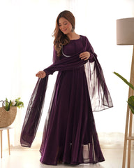 Wine Solid Faux Georgette Anarkali Set