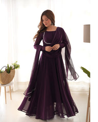 Wine Solid Faux Georgette Anarkali Set