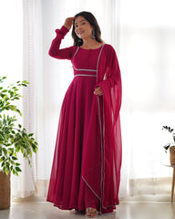 Lorenvalley Fashion Pink Georgette Anarkali Gown Dupatta Set With Pant Ready to Wear