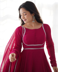 Lorenvalley Fashion Pink Georgette Anarkali Gown Dupatta Set With Pant Ready to Wear