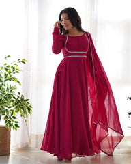 Lorenvalley Fashion Pink Georgette Anarkali Gown Dupatta Set With Pant Ready to Wear